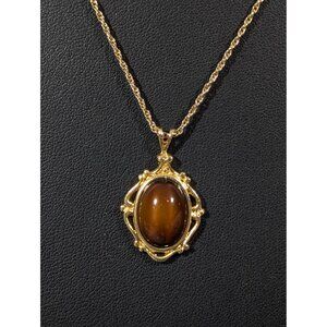 Vintage Avon Faux Tigers Eye Cabochon Pendant Necklace Gold Tone 18"